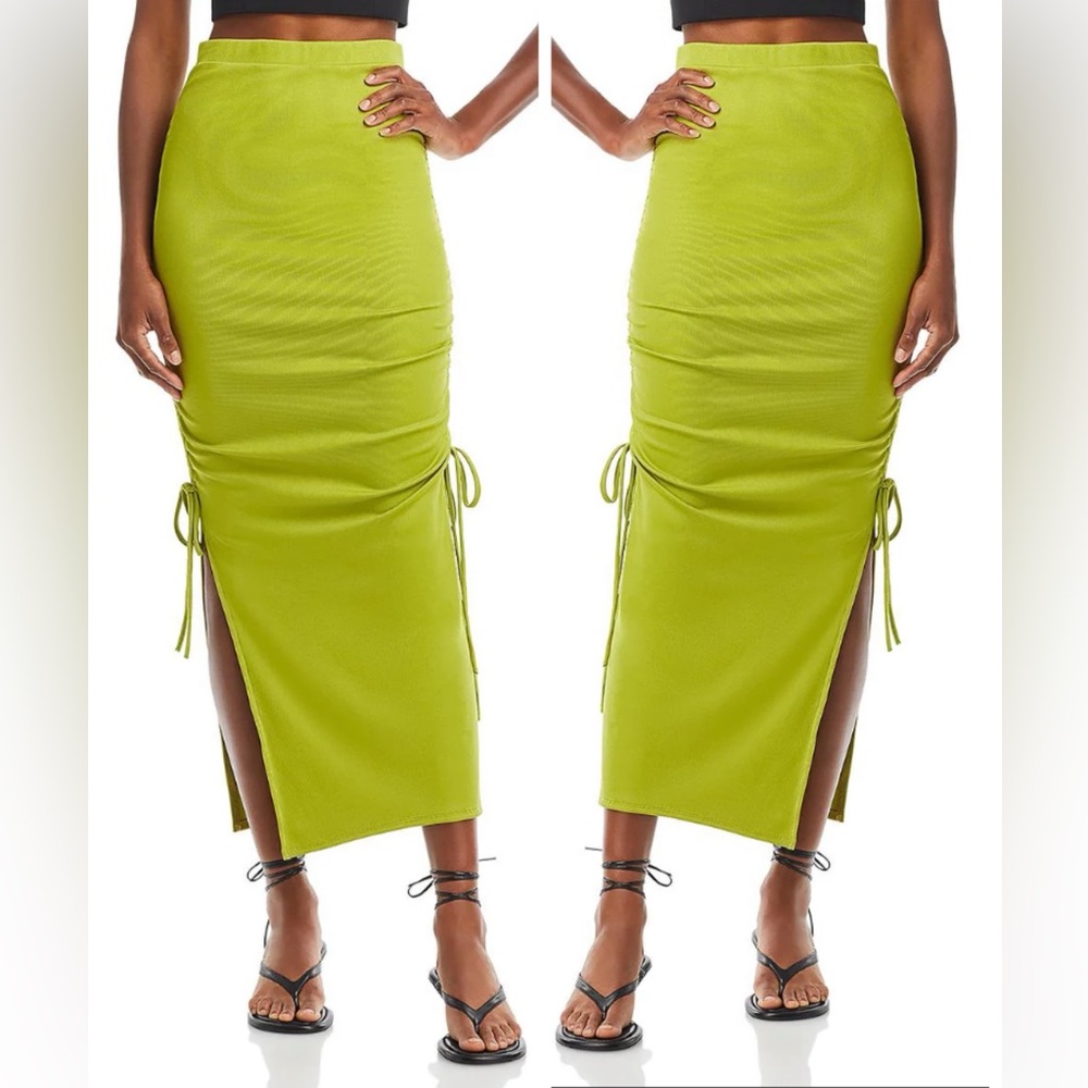 NWT chartreuse lime green maxi pencil skirt ruched scrunch sides avocado slimfit